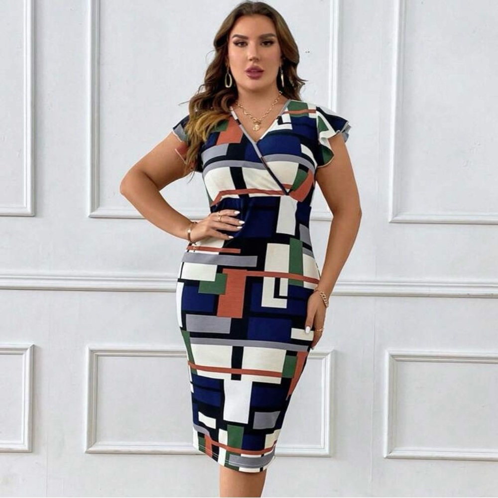 Geometric Print Fitted Midi Dress